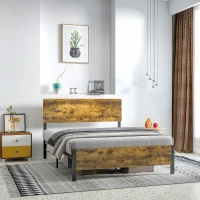 HOMCOM Bettgestell im Industrial Design, schwarzer Metallrahmen, Holzoptik, 149 x 207 x 104 cm(m-7)