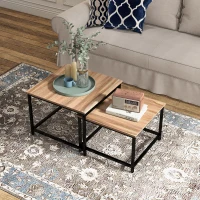 HOMCOM Set van 2 bijzettafels, industrieel design, zwart stalen frame, tafelblad met houteffect(m-7)