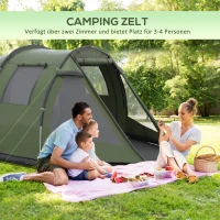 Outsunny kampeertent voor 3-4 personen, twee binnenruimtes, gaasraam, groen, 4,75 x 2,64 x 1,72 m(m-4)