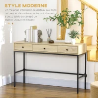 HOMCOM Table console table d'entrée structure en acier 3 tiroirs effet bois style industriel 120 x 39,8 x 78 cm naturel noir(m-4)