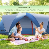Outsunny kampeertent voor 3-4 personen, twee deuren, gaasraam, blauw, 4,75 x 2,64 x 1,50 m(m-4)