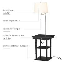 HOMCOM Lámpara de Pie con Mesa Auxiliar y 2 Puertos de Carga USB Casquillo E27 Max. 40W 44,5x44,5x144,5 cm Negro y Blanco(m-6)