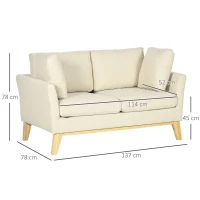 HOMCOM Divano da 2 Posti in Legno di Eucalipto e Tessuto Effetto Lino con 2 Cuscini, 137x78x78 cm, Beige(m-3)