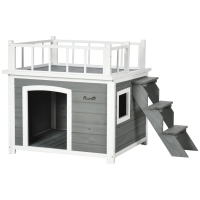 PawHut Dog House, Rooftop Terrace, Stairs, Window, Ground Clearance, Natural Wood, Light Gray, 121 x 77 x 78cm
