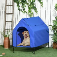 PawHut Caseta para Perros Grandes 110x76x110 cm Cama Elevada para Mascotas con Cubierta Desmontable y Ventanas de Malla Azul(m-2)