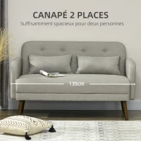 HOMCOM Canapé banquette 2 places design scandinave avec 2 coussins inclus 135 x 74 x 82 cm pieds en bois gris(m-4)