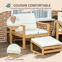 Outsunny Salon de Jardin en bois 6 pièces pour 4 personnes 2 fauteuils + 1 canapé + 1 table basse + 2 repose-pieds beige(m-4)