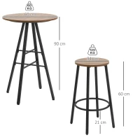 HOMCOM Ensemble table haute ronde design industriel + 2 tabourets ronds avec repose-pied en acier 2 personnes naturel noir(m-3)
