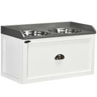PawHut Comedouro Elevado para Cães com 2 Tigelas 2000ml de Aço Inoxidável Gaveta Oculta com Suporte de Madeira 60x30x36cm Branco(m-10)