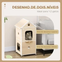 PawHut Casa para Gatos com 2 Níveis Estilo Cabana com 2 Almofadas Laváveis e Plataforma Lateral 47x40x90 cm Madeira e Branco(m-4)