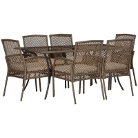 Outsunny Conjunto de Muebles de Jardín de Ratán 7 Piezas Incluye 6 Sillas con Cojines Mesa con Tablero de Vidrio Templado Marrón(m-1)