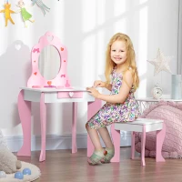 ZONEKIZ Kids Dressing table Set w/ Mirror, Stool, Drawer, Cute Patterns, for Ages 3-6 Years - Pink(m-7)