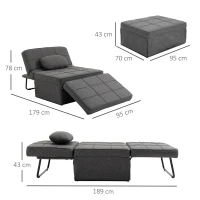 HOMCOM Sofá Cama Individual 3 em 1 Estofado em Linho Reclinável em 5 Posições com Apoio para os Pés e Apoio para a Cabeça 95x189x43cm Cinza(m-3)