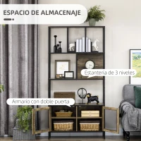 HOMCOM Estantería Industrial con 2 Puertas de Rejilla y Marco de Metal para Salón Oficina 90x33,5x180 cm Negro y Natural(m-5)