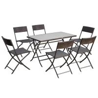 Outsunny Conjunto de Refeição de Vime Conjunto de Refeição 7 Peças com Mesa e 6 Cadeiras Dobráveis para Jardim Exterior Pátio Varanda Marrom(m-1)