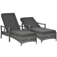 Outsunny PE Rattan Sun Loungers set of 2 with Cushion, Outdoor 2 Pieces Garden Sunbed Furniture with 4-Level Recliner Backrest, and Armrest, Grey(m-10)