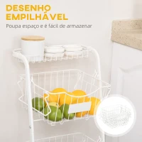 HOMCOM Fruteira Cesto para Frutas e Verduras de 3 Níveis com Cestos Amovíveis e Empilháveis de Aço 42,5x36,5x91cm Branco(m-5)