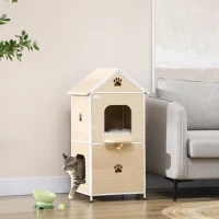 PawHut Casa para Gatos com 2 Níveis Estilo Cabana com 2 Almofadas Laváveis e Plataforma Lateral 47x40x90 cm Madeira e Branco(m-2)