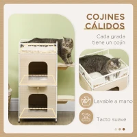 PawHut Casa para Gatos de 2 Niveles Cama Cueva para Gatitos de Madera con 2 Rascadores 3 Cojines Lavables 40x40x84 cm Natural(m-5)