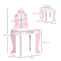 ZONEKIZ Kids Dressing table Set w/ Mirror, Stool, Drawer, Cute Patterns, for Ages 3-6 Years - Pink(m-3)