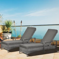 Outsunny PE Rattan Sun Loungers set of 2 with Cushion, Outdoor 2 Pieces Garden Sunbed Furniture with 4-Level Recliner Backrest, and Armrest, Grey(m-9)