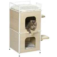 PawHut Casa para Gatos de 2 Niveles Cama Cueva para Gatitos de Madera con 2 Rascadores 3 Cojines Lavables 40x40x84 cm Natural(m-1)