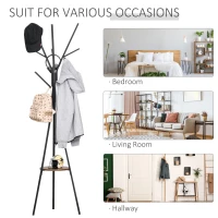 HOMCOM Freestanding Metal Coat Rack Stand 9 Hooks Clothes Tree with 1 Shelf Hat Display Hall Tree Hanger Bag Umbrella Hanging Organiser Brown(m-6)