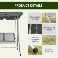 Outsunny Three Person Steel Outdoor Porch Swing Chair Bench w/ Canopy Cover Grey(m-6)