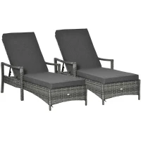 Outsunny PE Rattan Sun Loungers set of 2 with Cushion, Outdoor 2 Pieces Garden Sunbed Furniture with 4-Level Recliner Backrest, and Armrest, Grey(m-1)