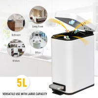 HOMCOM 5L Rectangular Compact Bin Steel Body Removable Bucket Quiet-Close Lid w/ Pedal Lid Rubbish Trash Can Home Office Bedroom Bathroom Living Room Garbage Tidy Clean White(m-4)