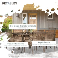 Outsunny Conjunto de Muebles de Jardín de Ratán 7 Piezas Incluye 6 Sillas con Cojines Mesa con Tablero de Vidrio Templado Marrón(m-6)