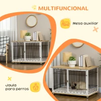 PawHut Jaula para Perros para Interior con Encimera Mesa con Perrera con Pestillo y Cojín 90x58x62,5 cm Roble y Blanco(m-5)