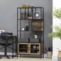 HOMCOM Estante Industrial Estante para Livros com 2 Portas de Grade e Estrutura de Metal 90x33,5x180cm Preto e Madeira(m-2)