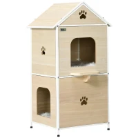 PawHut Casa para Gatos com 2 Níveis Estilo Cabana com 2 Almofadas Laváveis e Plataforma Lateral 47x40x90 cm Madeira e Branco(m-10)