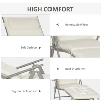 Outsunny Sun Lounger Steel Frame Outdoor Folding Chaise Texteline Lounge Chair Recliner with Headrest & 7 Levels Adjustable Backrest, Cream White(m-5)