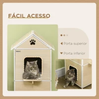 PawHut Casa para Gatos com 2 Níveis Estilo Cabana com 2 Almofadas Laváveis e Plataforma Lateral 47x40x90 cm Madeira e Branco(m-6)