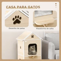 PawHut Casa para Gatos com 2 Níveis Estilo Cabana com 2 Almofadas Laváveis e Plataforma Lateral 47x40x90 cm Madeira e Branco(m-7)