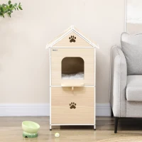 PawHut Casa para Gatos com 2 Níveis Estilo Cabana com 2 Almofadas Laváveis e Plataforma Lateral 47x40x90 cm Madeira e Branco(m-9)
