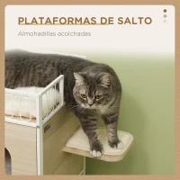 PawHut Casa para Gatos de 2 Niveles Cama Cueva para Gatitos de Madera con 2 Rascadores 3 Cojines Lavables 40x40x84 cm Natural(m-7)