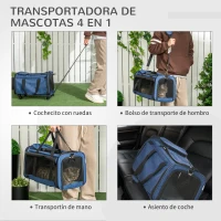 PawHut 4 en 1 Transportadora para Mascotas con Ruedas Carrito para Mascotas Bolsa de Transporte para Perros 50x31x37 cm Azul(m-5)