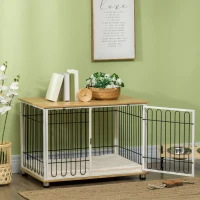 PawHut Jaula para Perros para Interior con Encimera Mesa con Perrera con Pestillo y Cojín 90x58x62,5 cm Roble y Blanco(m-9)