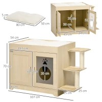 PawHut Caixa de Areia para Gatos de Madeira com Cama Almofada Suave 3 Plataformas e Postes de Sisal 107x54x70cm Carvalho(m-3)