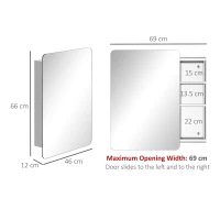 kleankin 66x46cm Curved Bathroom Storage Cabinet w/ Sliding Mirror Door 3 Shelves Stainless Steel Frame On-Wall Unit Home Furniture(m-3)