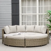 Outsunny 5 PCs Outdoor Rattan Lounge Chair Round Daybed Table Conversation Set w/ Cushion(m-10)