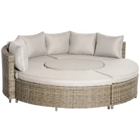 Outsunny 5 PCs Outdoor Rattan Lounge Chair Round Daybed Table Conversation Set w/ Cushion(m-1)