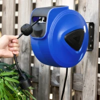 DURHAND Kabeltrommel 15 m+1.3 m Leitung Automatik Kabelaufroller Outdoor Aufroll stromkabel drehbar Wandhalterung, PP, Gummi, Metall, Schwarz + Blau, 28L x 16B x 27H cm(m-2)