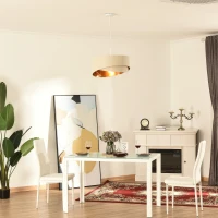 HOMCOM Deckenleuchte Kronleuchter Deckenlampe mit zwei abgeschrägte Lampenschirme für Büro, Wohnzimmer, Esszimmer, Stahl, Leinen, Beige+Gold, 50x50x136 cm(m-2)