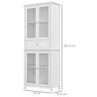 HOMCOM Alacena de Cocina Mueble Vitrina con 4 Puertas de Vidrio Templado Cajón y Estantes Ajustables 74x35,5x181,5 cm Blanco(m-3)