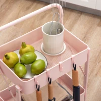 HOMCOM Carrito Auxiliar con Ruedas Carrito Plegable de 3 Niveles con 4 Ganchos y 3 Cestas Extraíbles 43x31x89 cm Rosa(m-8)