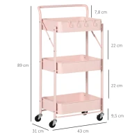 HOMCOM Carrito Auxiliar con Ruedas Carrito Plegable de 3 Niveles con 4 Ganchos y 3 Cestas Extraíbles 43x31x89 cm Rosa(m-3)